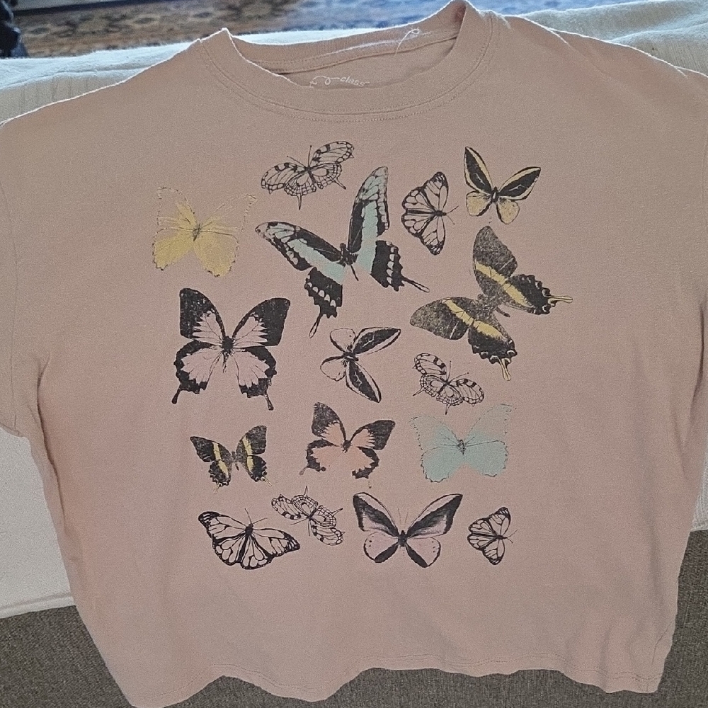art class Butterfly Print Kids Shirt - Tan and Black Size L 10/12